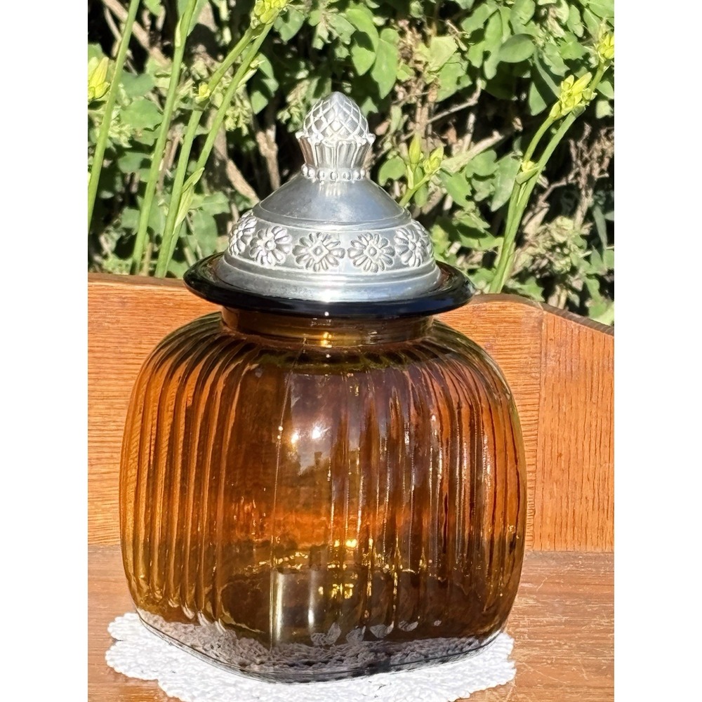 Apothecary Amber Ribbed Glass Canister With Pewter Lid 10.5" Tall Artland 1990's